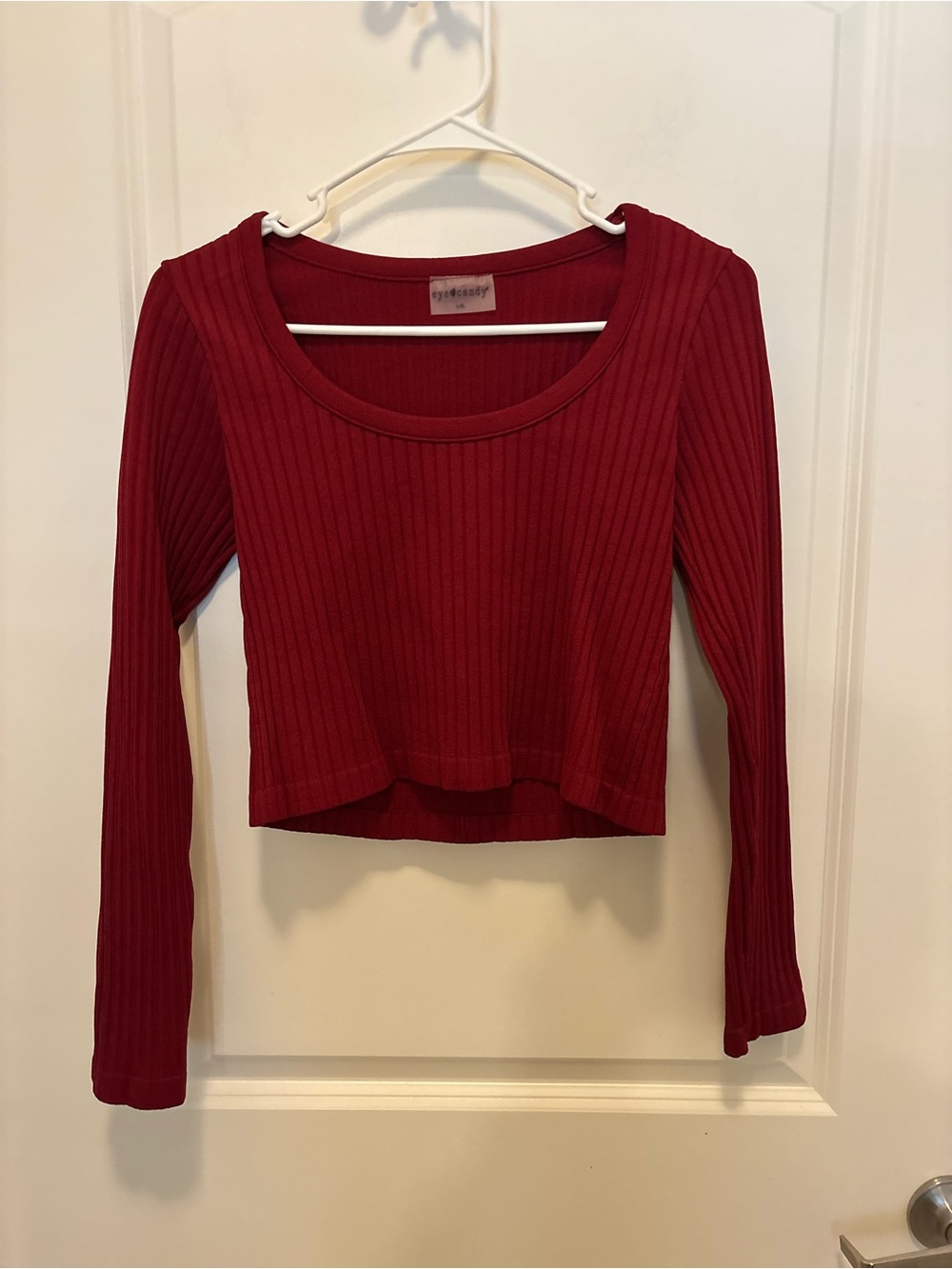 eye candy Red Ribbed Scoop Neck Long Sleeve Crop Top